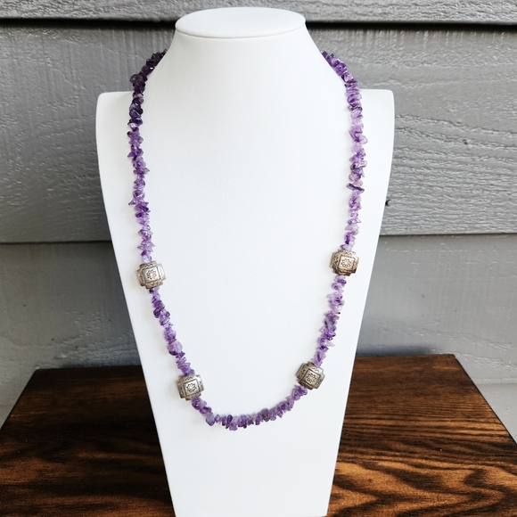 Amethyst Chip Silver Aztec Station Necklace - Picture 3 of 8